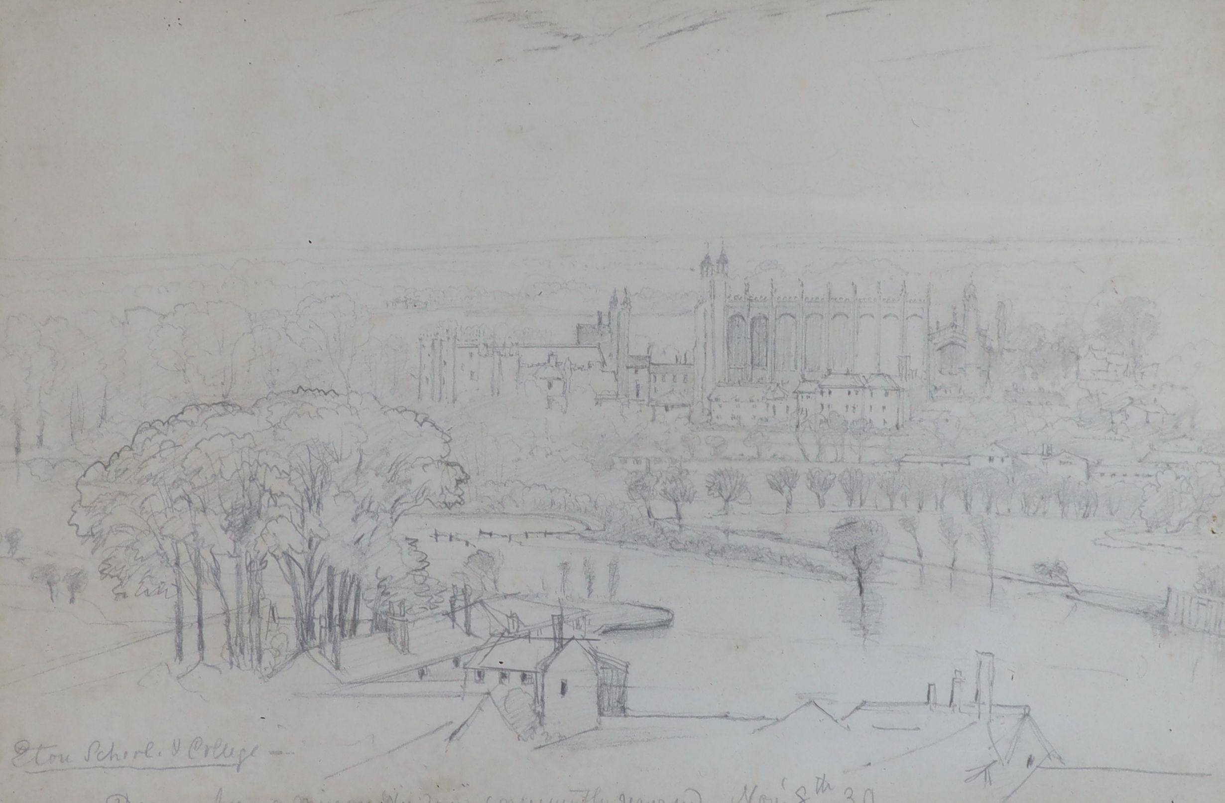 Miss Philip Phillips (fl.1832-1878), pencil drawing, Eton School and College drawn from a window, inscribed and dated '39, 17 x 26cm